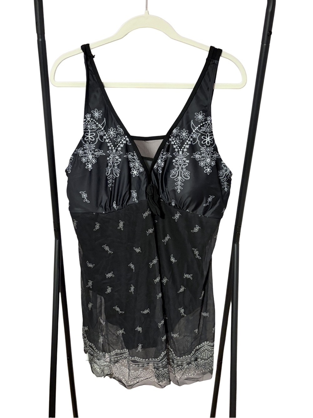 Amazon Black One-Piece Swimdress with White Floral Print